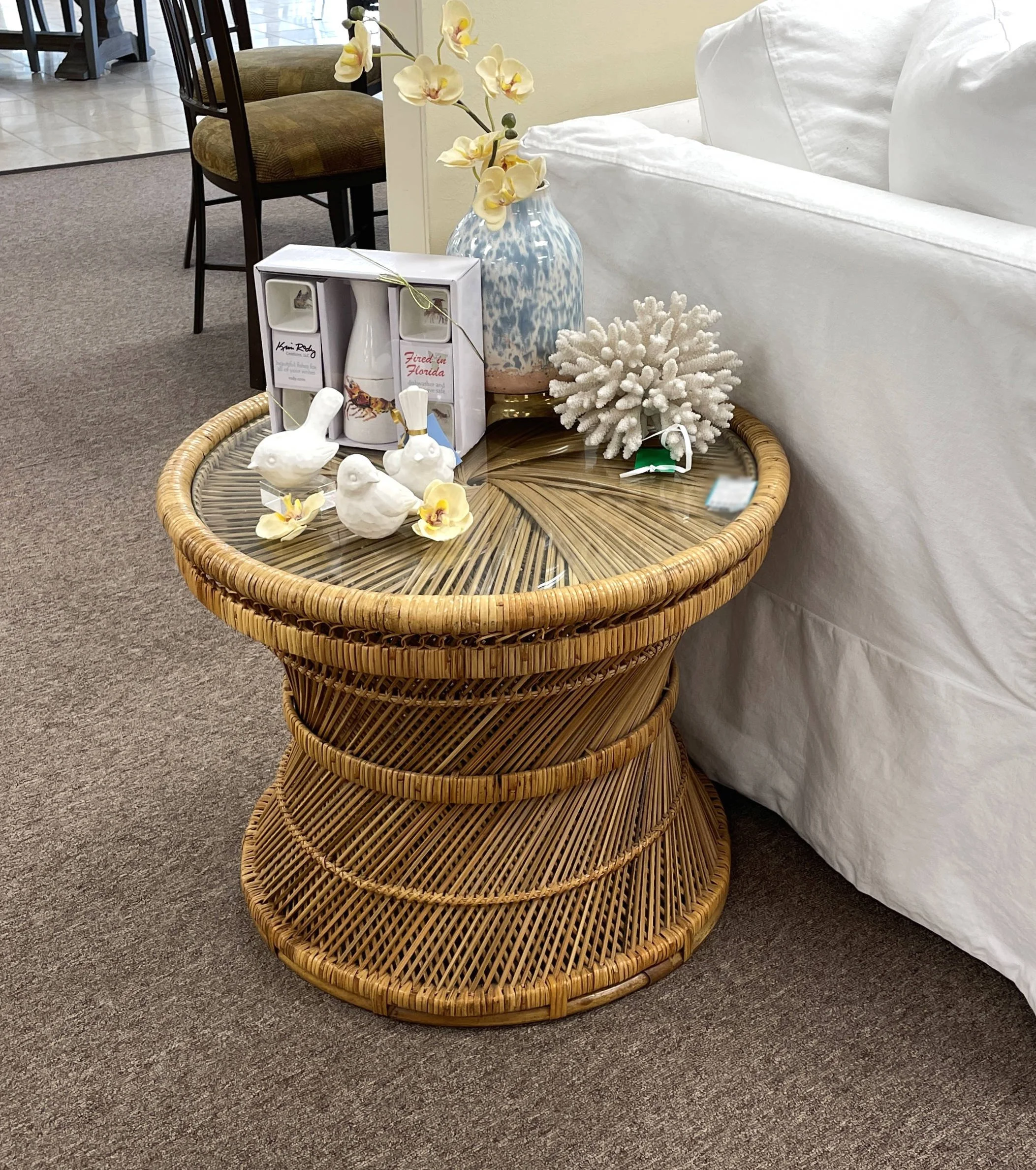 Encore Furniture Gallery-Vintage Spun Rattan Side Table With Glass Top